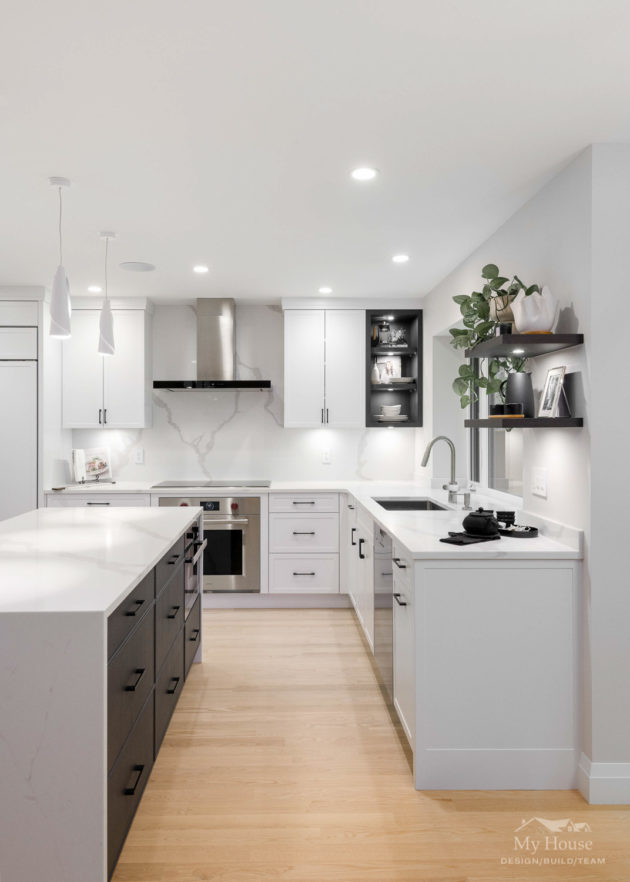 engineered flooring in white kitchens, integrated white appliances in renovations, port moody kitchen renovations